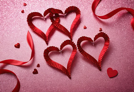 Valentines day background with red hearts and ribbon on glittering backgroundの素材