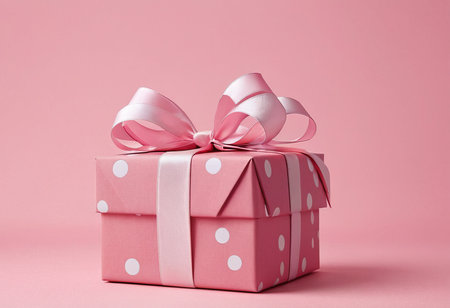 Pink gift box with pink bow on pink background. Holiday concept.の素材