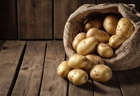Fresh potatoes in a burlap bag on a wooden background. Copy space.の素材