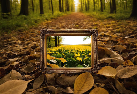 Photo frame in the middle of the autumn forest with yellow leaves on the groundの素材