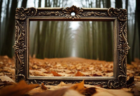 Picture frame in the autumn forest with fallen leaves on the ground.の素材