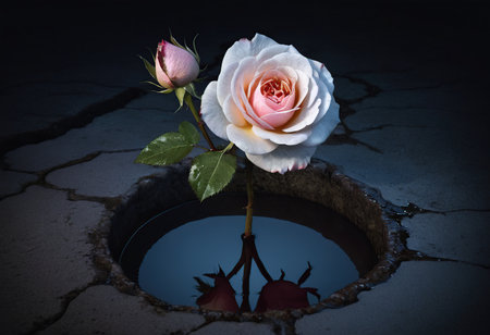 White rose in a hole in the ground with a dark background.の素材