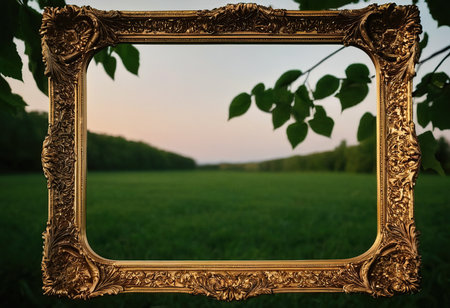 Old picture frame on the background of green field in the evening.の素材