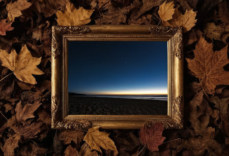 Picture frame on autumn leaves on the beach with starry sky.の素材
