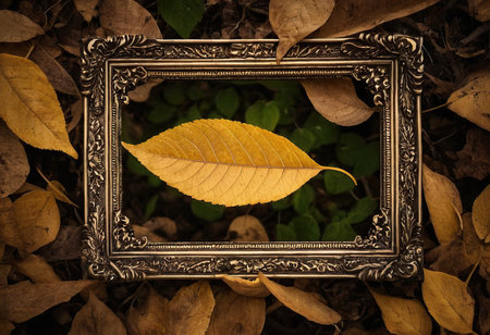 Autumn leaves in a photo frame on the background of autumn leavesの素材