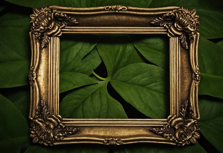 Golden frame with green leaves on dark background. 3D illustration.の素材