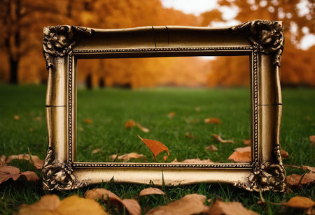 Picture frame on green grass in autumn park. Photo in old color image style.の素材