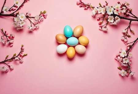 Easter eggs and cherry blossom branches on pink background. Happy Easter conceptの素材