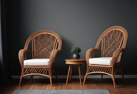 Wicker armchairs in room. Interior design. 3d renderの素材