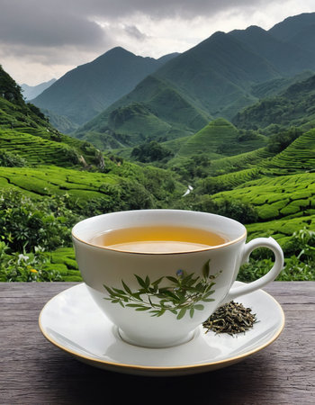 tea cup and tea leaves on the wooden table with nature backgroundの素材