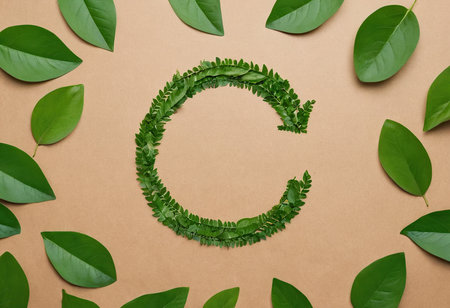 Circle made of green leaves on color background with space for textの素材