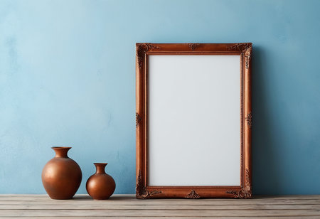 Empty picture frame with vase on wooden table and blue wall backgroundの素材
