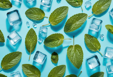 Mint leaves with ice cubes on blue background. Flat lay, top viewの素材