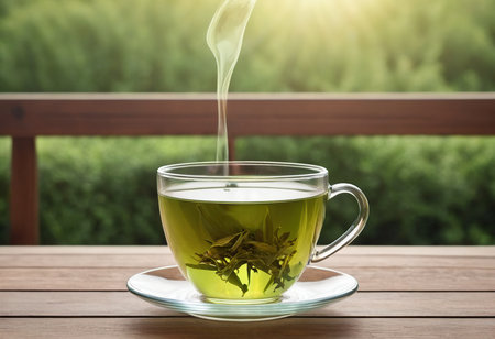Green tea in a glass cup on a wooden table in the gardenの素材