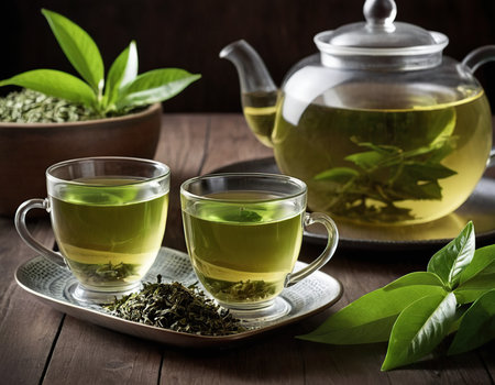 Green tea in a cup and teapot on a wooden tableの素材