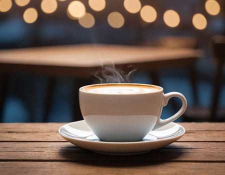 Coffee cup on wooden table in coffee shop, stock photoの素材