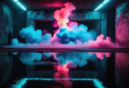 Futuristic corridor with neon lights and smoke. 3D renderingの素材