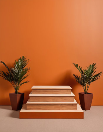 3d render of stairs to the orange wall with plants in potsの素材