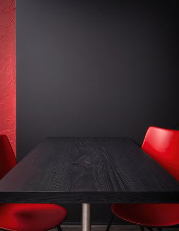 Red chairs and wooden table in front of black wall. 3d renderの素材