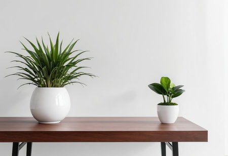 White vase with houseplant on wooden table against white wall.の素材