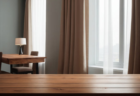 Wooden table and chair in living room interior with window view.の素材