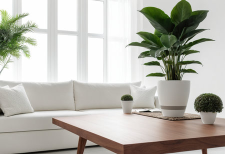 Interior of modern living room with white sofa, plants and wooden tableの素材