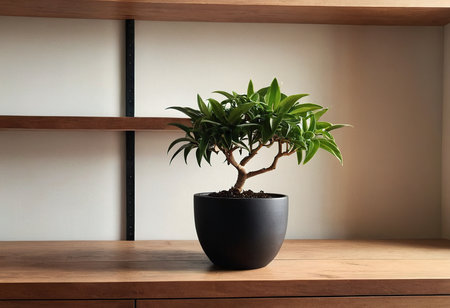 Bonsai tree in black pot on wooden shelf in living roomの素材
