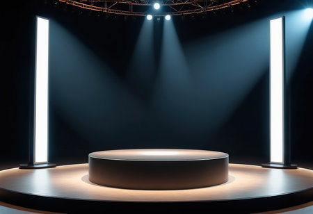 Podium illuminated with spotlights in dark room. 3d renderの素材