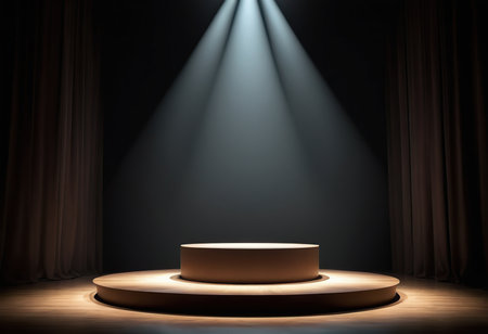 Scene with podium, Stage Podium Scene with for Award Ceremony illuminated by spotlight on Stage Background.の素材