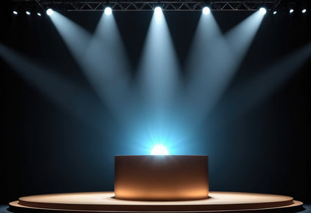 Spotlights illuminate the stage with a burning candle. 3d renderの素材