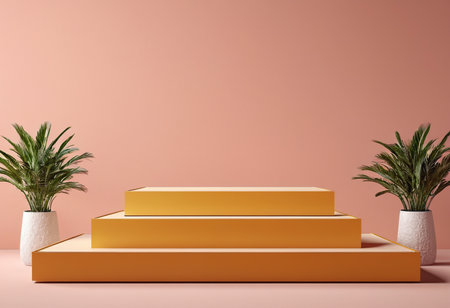Minimalist geometric podiums with palm leaves, 3d renderの素材