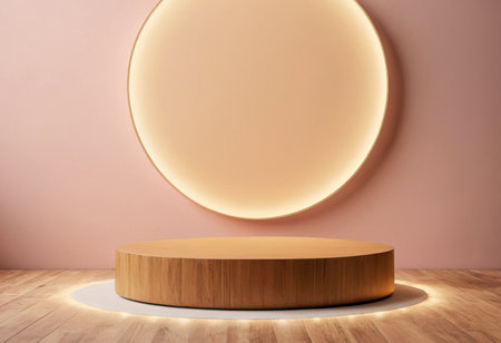 Wooden podium in the room with a round frame. 3d renderingの素材