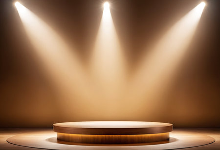 Round podium illuminated by spotlights. Stage backdrop. 3D renderingの素材