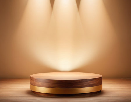 Golden podium on wooden floor with spotlights. 3D rendering.の素材