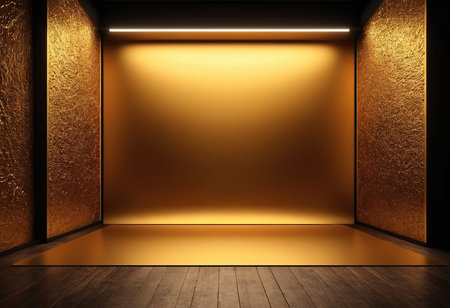 golden stage with spotlight and wood floor, 3d render.の素材