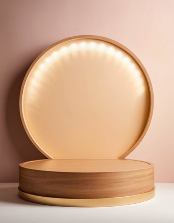 Round wooden podium for product presentation. 3D render. Mock upの素材