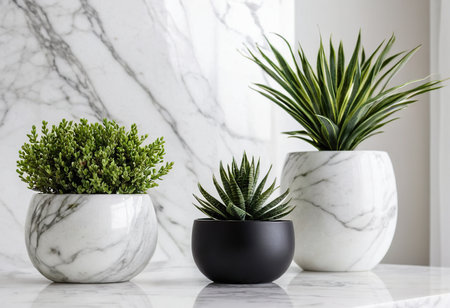 Plants in pots on white marble table in modern living room interiorの素材