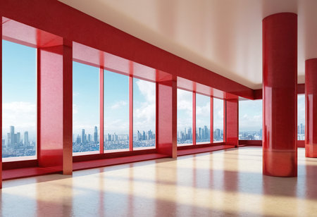 Modern office interior with red columns and city view. 3D Renderingの素材