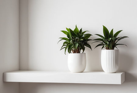 Plants in white pots on a shelf against a white wall.の素材