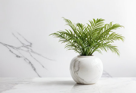 Houseplant in a white ceramic vase on a white marble tableの素材