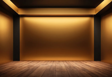 Empty stage with yellow wall and wooden floor. 3D Renderingの素材