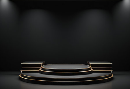 Black podium in dark room with spotlights, 3D rendering.の素材