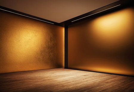 Empty room with golden wall and wooden floor. 3D Renderingの素材