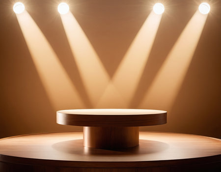 Wooden podium with spotlights on brown background. 3d renderの素材