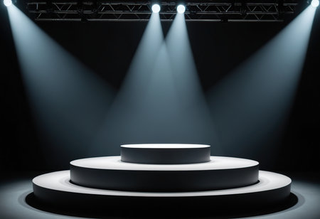 Stage Podium Scene with for Award Ceremony illuminated with spotlight. Award ceremony concept. Stage backdrop.の素材