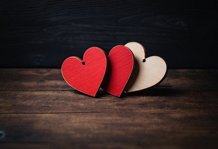Two wooden hearts on a wooden background. Valentine's Day concept.の素材