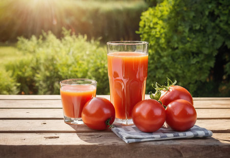 Glasses of tomato juice and fresh tomatoes on wooden table in gardenの素材