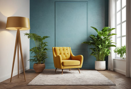 interior with yellow armchair. 3d render illustration mock upの素材