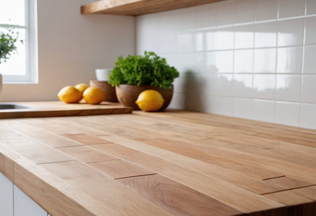 Lemon and parsley on a wooden kitchen countertop in the kitchenの素材