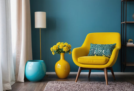 Yellow armchair with cushions and vase with flowers in roomの素材